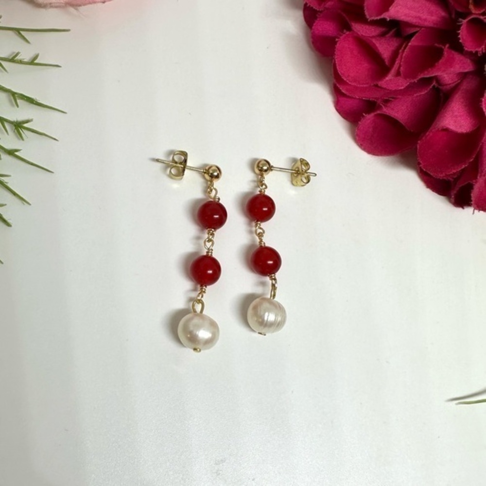 NEW⚜️Red Jade & Freshwater Pearl Handmade Earrings